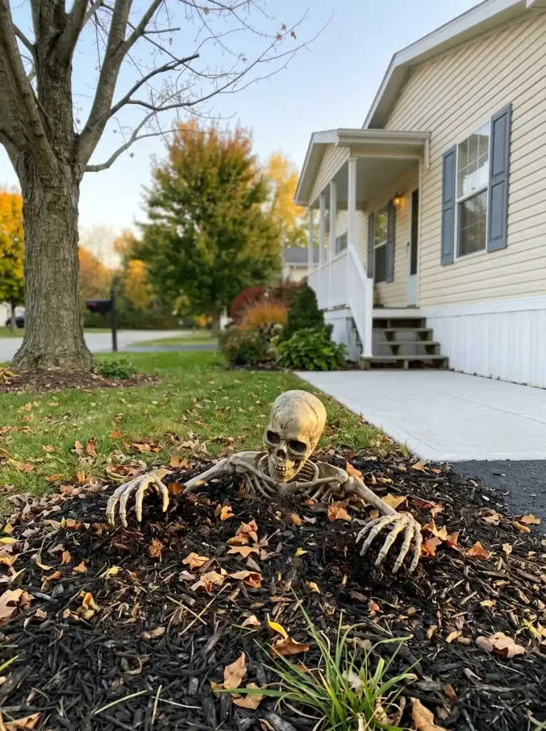 Skeleton groundbreaker emerging where a mulched planting bed meets the lawn beside a mobile home walkway.