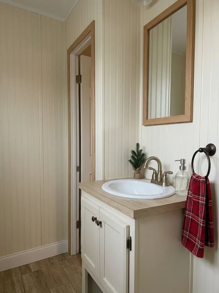 Guest-ready Christmas bathroom vanity with accessible soap, plaid towel and clear space beside the sink.
