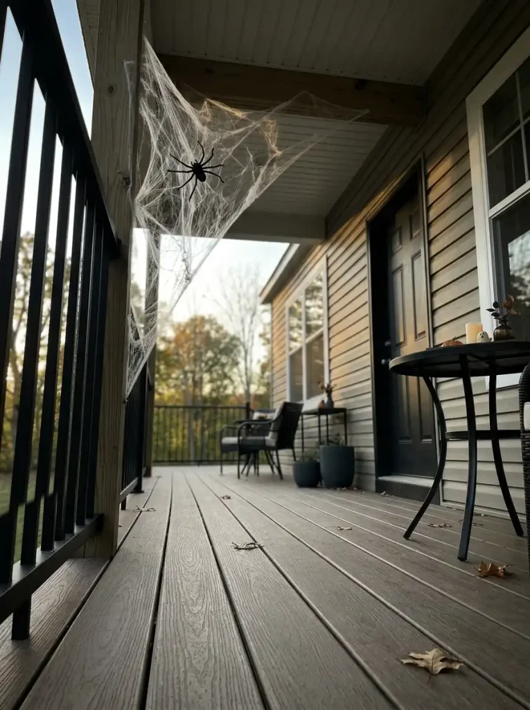 Faux Halloween cobwebs concentrated between one patio post, railing, and ceiling corner instead of covering the whole space.