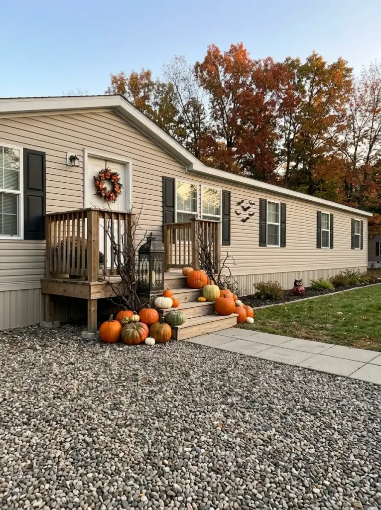 Manufactured home with one dominant Halloween porch display and two smaller repeated accents connecting the longer front elevation.