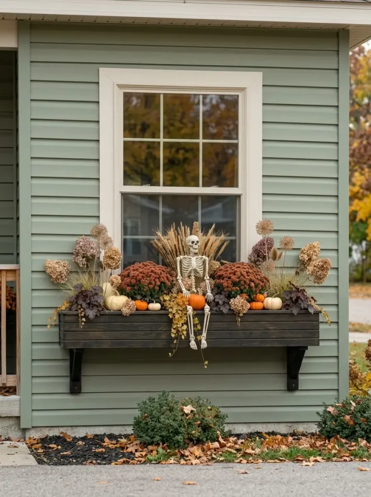 Fall mobile-home window box with mums, grasses and pumpkins plus one removable small skeleton for Halloween.