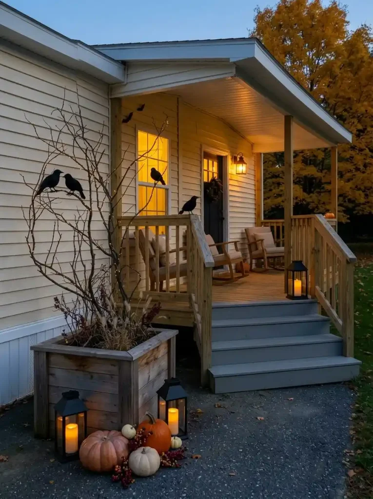Flameless lanterns sit along the outer edge of a mobile home Halloween porch while the central walkway and stairs remain visibly clear.