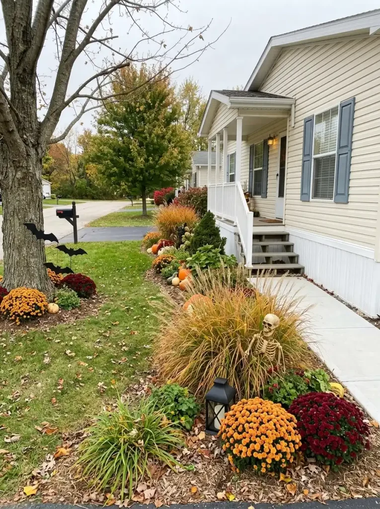Existing mobile home fall flower bed with mums, grasses and pumpkins upgraded with a few removable Halloween accents.