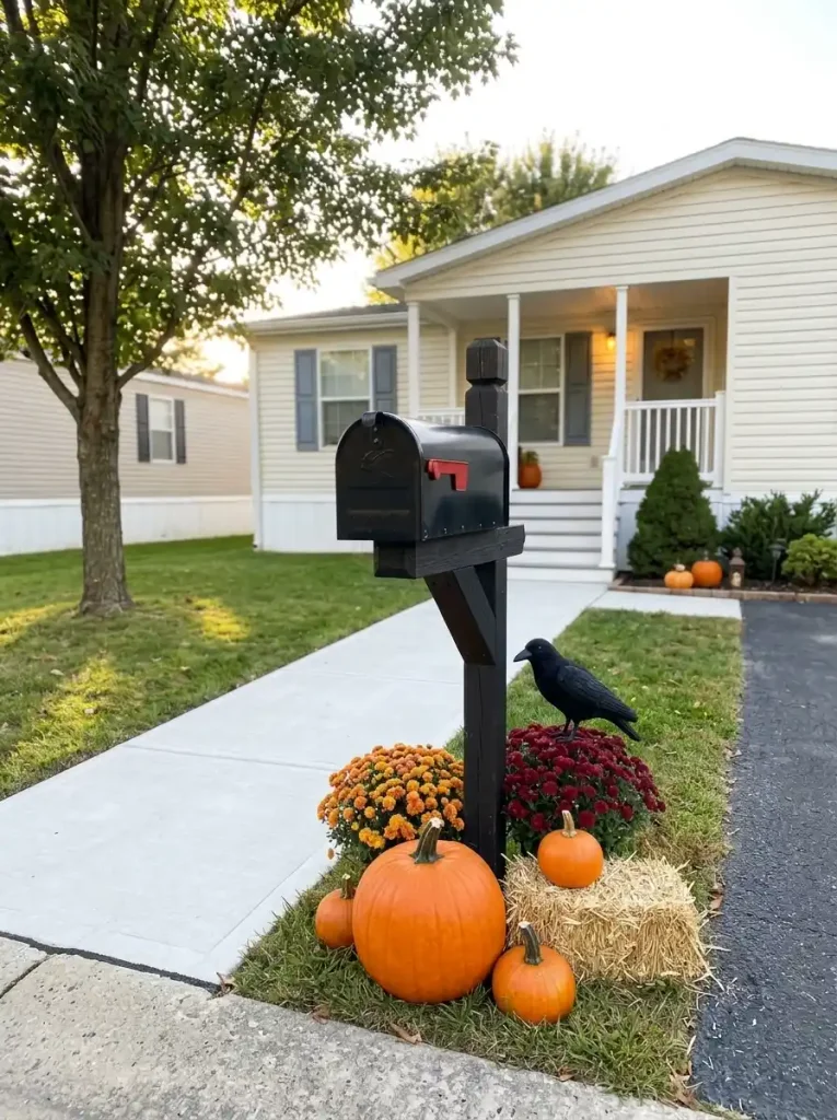 Black mailbox beside a mobile home driveway styled with pumpkins and mums as the first Halloween cue from the street.