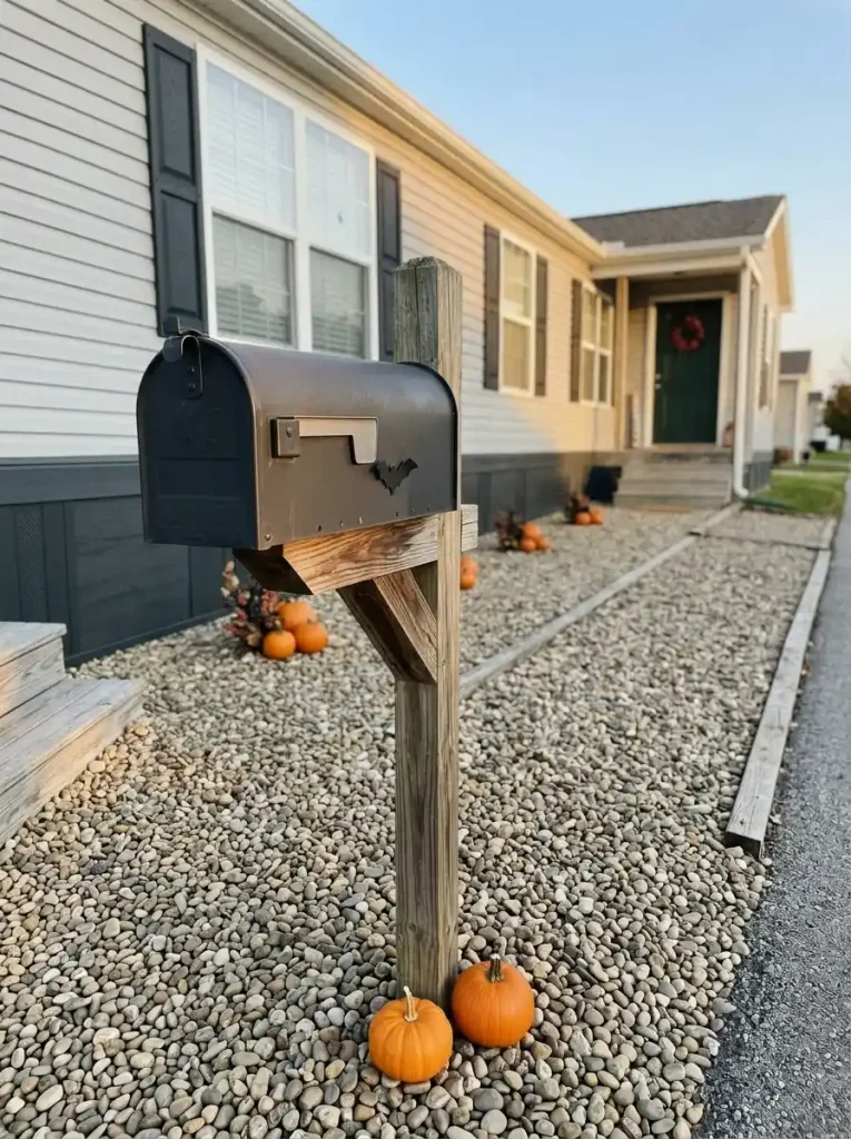 Lightly decorated mailbox repeating the black and orange Halloween palette of the manufactured-home porch in the background.