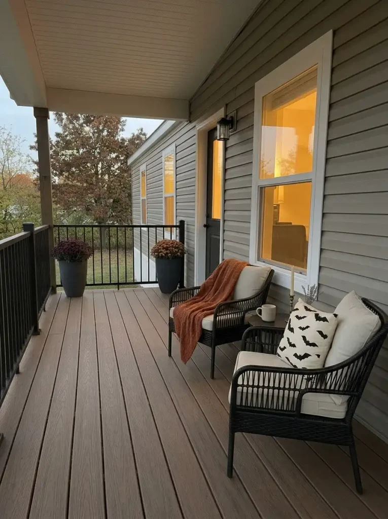 Black wicker seating forms the main Halloween focal point on a compact mobile home patio.
