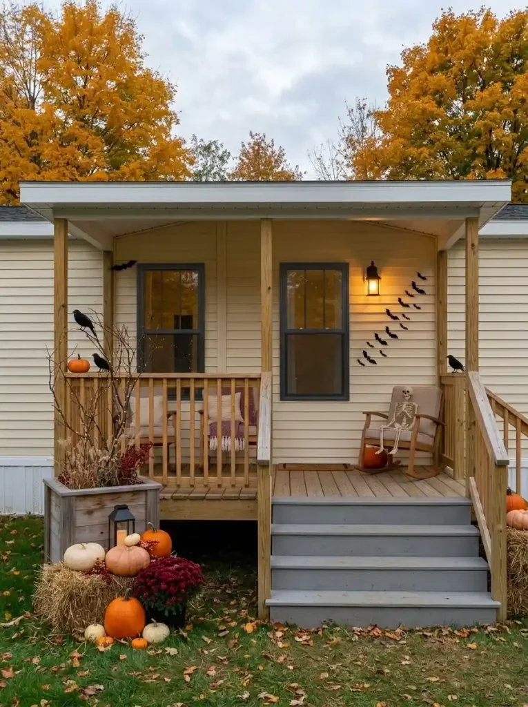 Cream mobile home porch using black, muted orange, ivory and burgundy Halloween décor coordinated with the existing siding, door and wood railing.