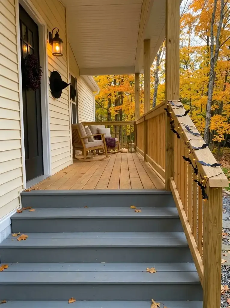 Flat black bat garland and small warm lights decorate the outer face of a cedar mobile home porch railing without using floor space.