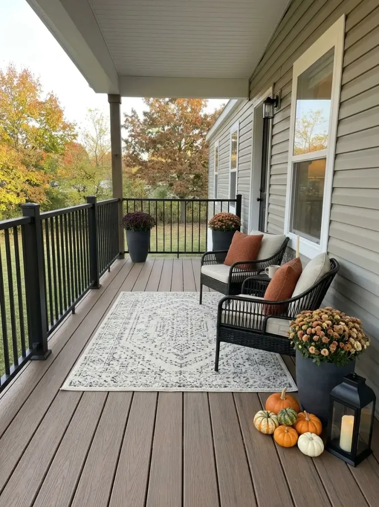 Outdoor rug defines the Halloween lounge area while leaving the narrow mobile home patio walkway open.