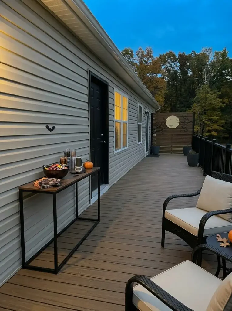 Slim wall console serves as a compact Halloween candy and drink station on a small mobile home patio.