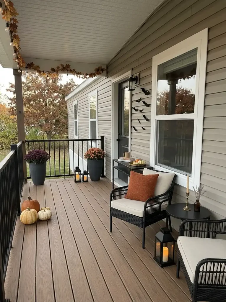 Greige mobile home patio styled with coordinated black, cream, burnt orange, brass, and muted Halloween accents.