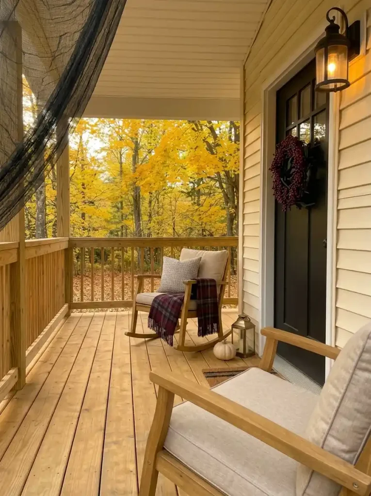 Usable porch chair on a mobile home styled with one plaid Halloween throw and a subtle pillow beside a small pumpkin and lantern.