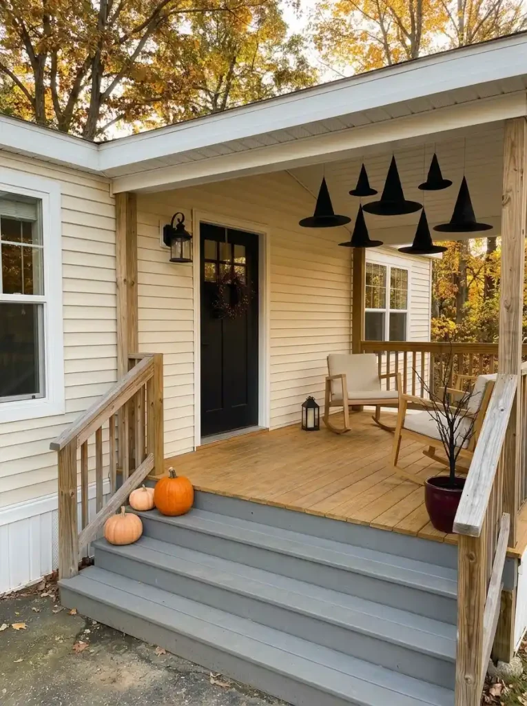Narrow covered mobile home porch using floating witch hats as the main Halloween focal point while floor decorations remain minimal.