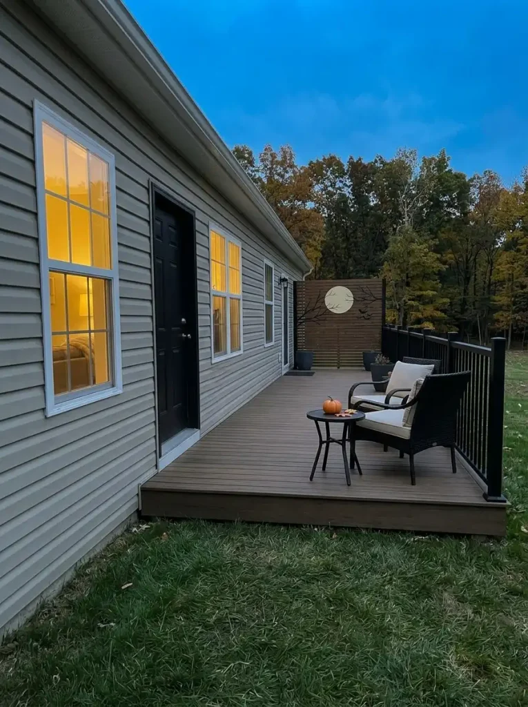 Mobile home patio privacy screen styled as a Halloween moon-and-branch backdrop behind simple seating.