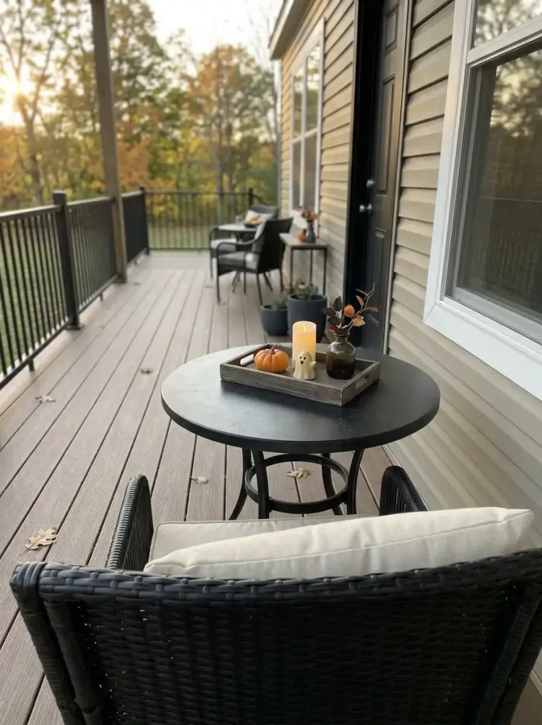 Small Halloween decorations grouped on one removable tray on a mobile home patio side table.