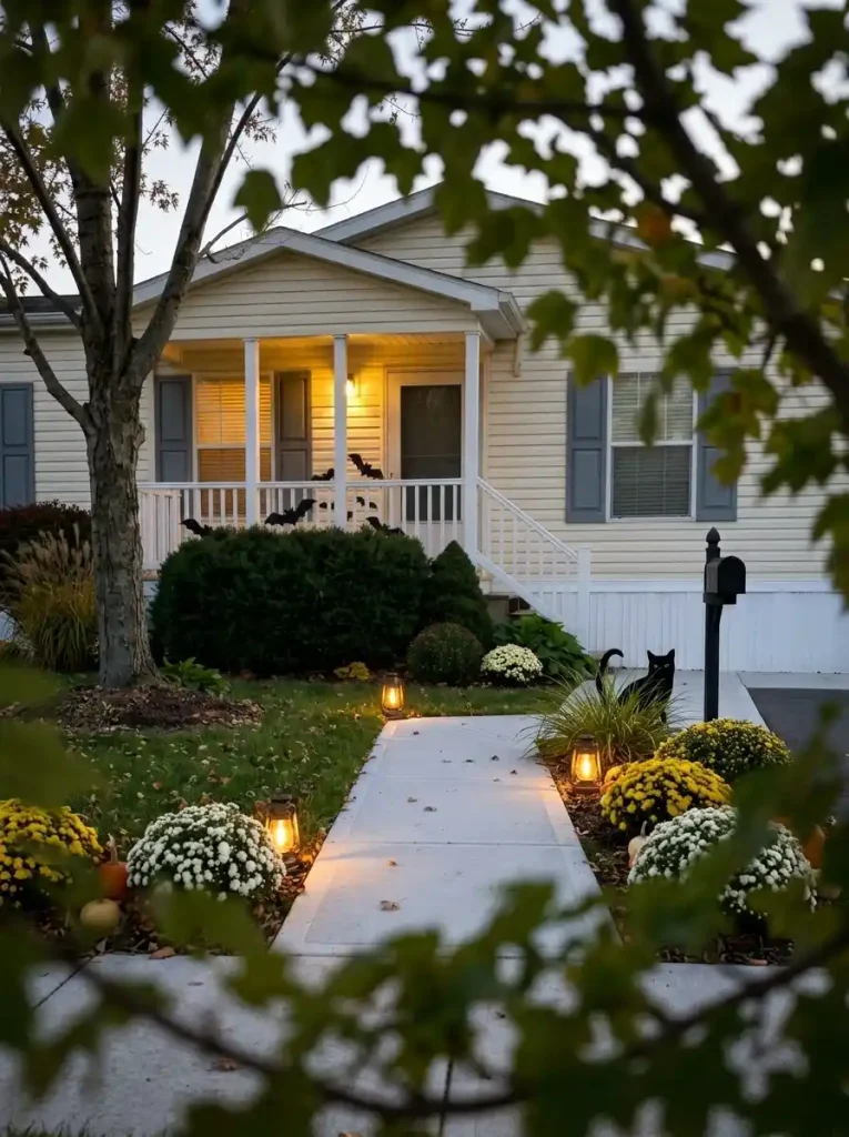 Black cat and bat silhouettes partially hidden by planting beside a mobile home, creating layered Halloween depth.