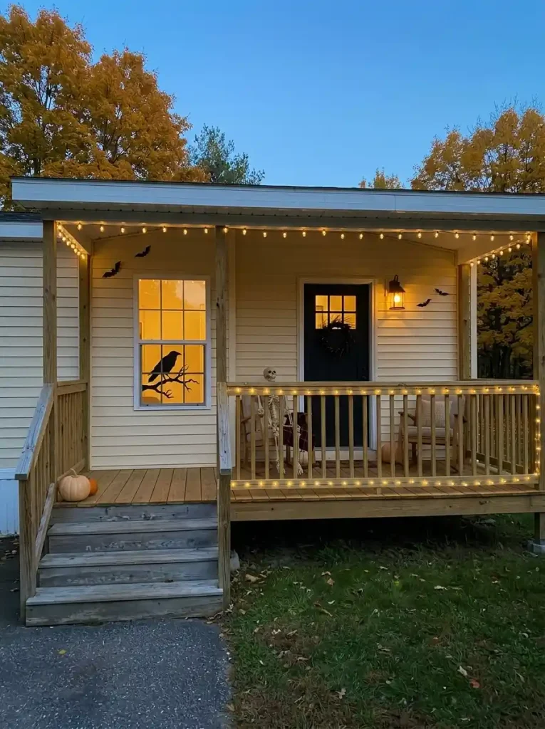 Warm string lights trace the roof beam and railing of a mobile home porch, defining its architecture around restrained Halloween decorations at dusk.