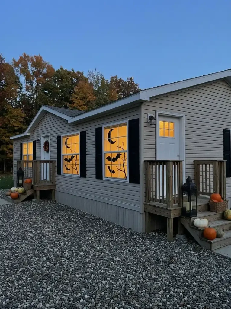 Backlit Halloween bat and branch silhouette in a manufactured-home front window extending the curb display without using porch-floor space.