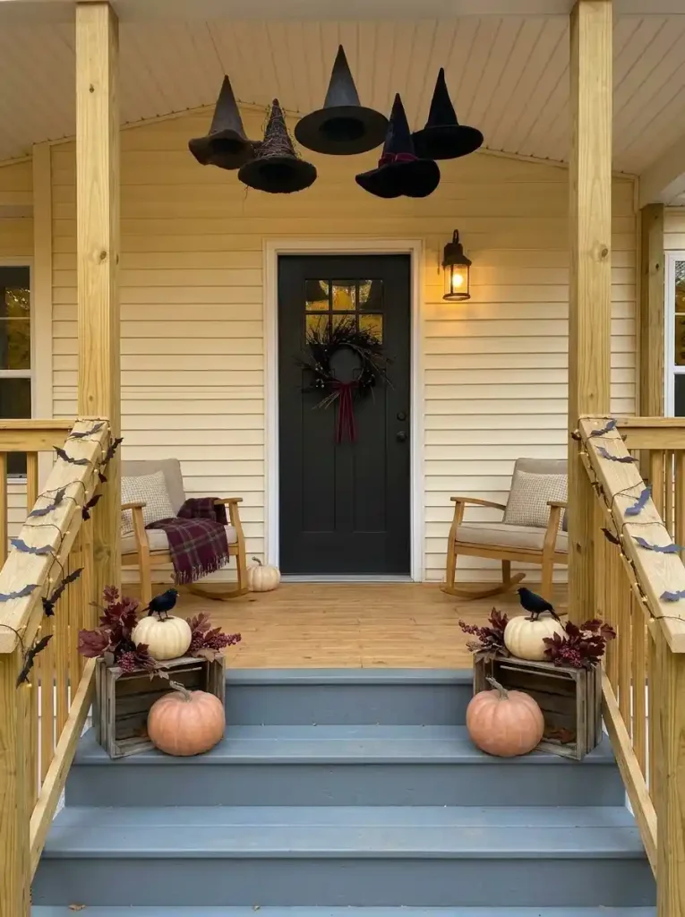 Restrained black foliage wreath on a mobile home front door supporting a stronger overhead Halloween porch focal point.