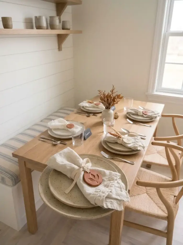 Small stamped clay medallions tied with linen ribbon around napkins on a compact Scandinavian dining table.