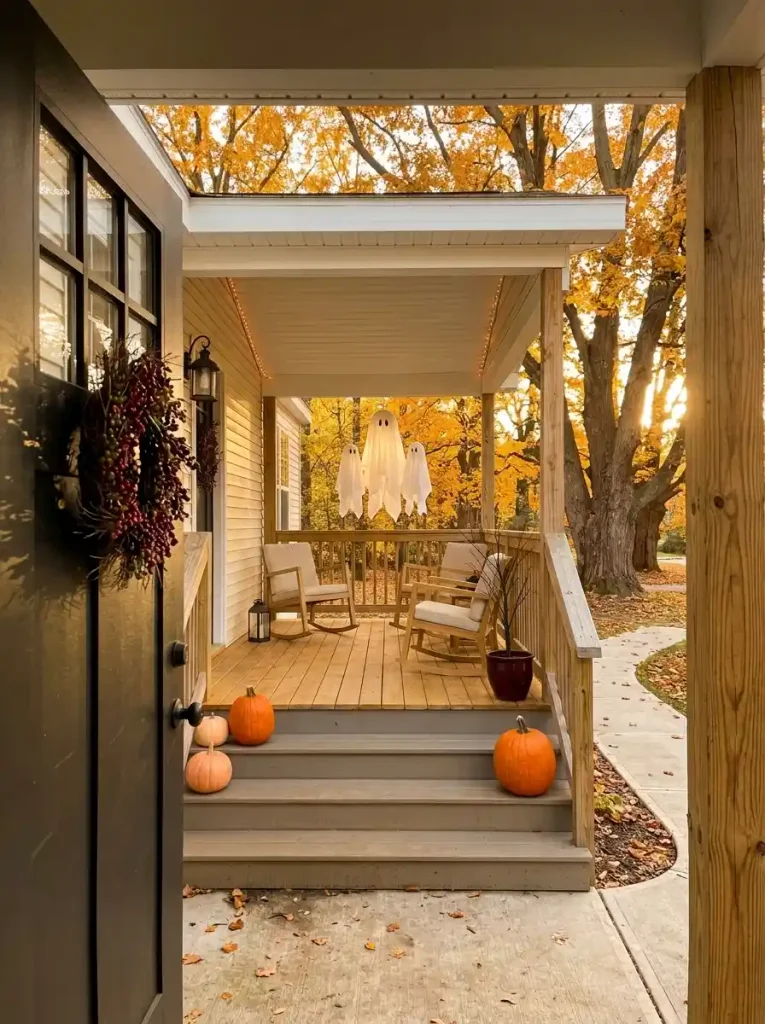 Three white ghosts hang together in an outer bay of a compact mobile home porch where they remain visible from the walkway without blocking the entrance.