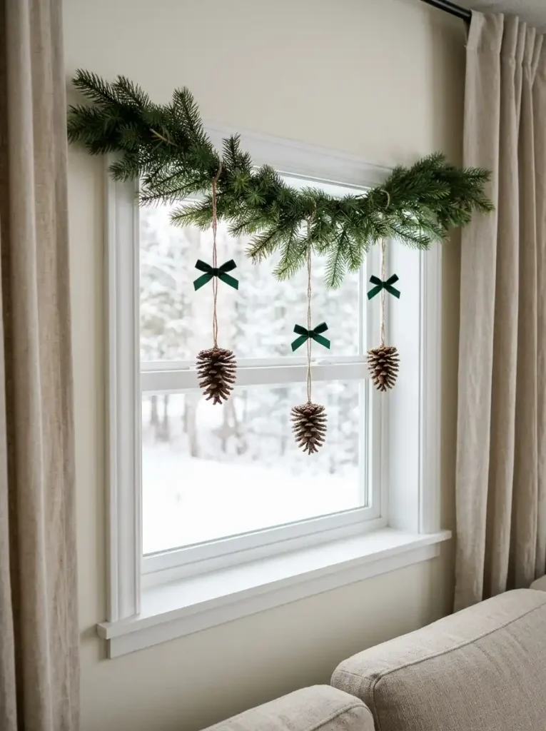Three pinecones hanging from an evergreen Christmas window swag with green velvet bows in a mobile home.