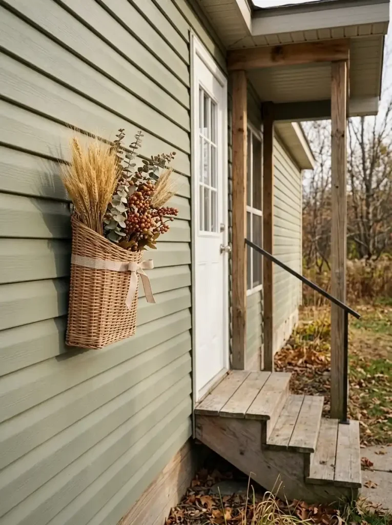 Woven basket of wheat and eucalyptus hanging beside the white front door of a sage-sided mobile home with clear porch steps.