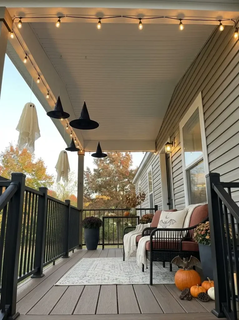 Floating witch hats and soft ghosts decorate the ceiling of a narrow covered mobile home patio without using floor space.