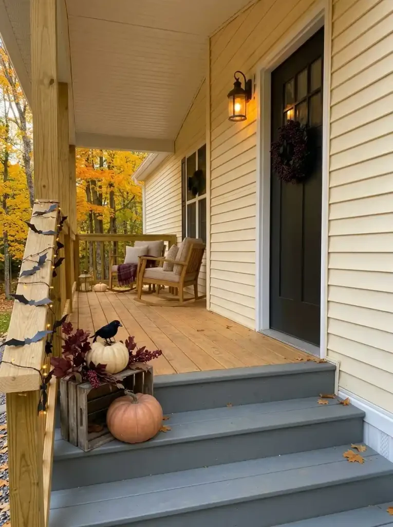 Compact Halloween harvest riser with one crate, orange and ivory pumpkins, burgundy foliage and a black crow at the edge of a mobile home porch.