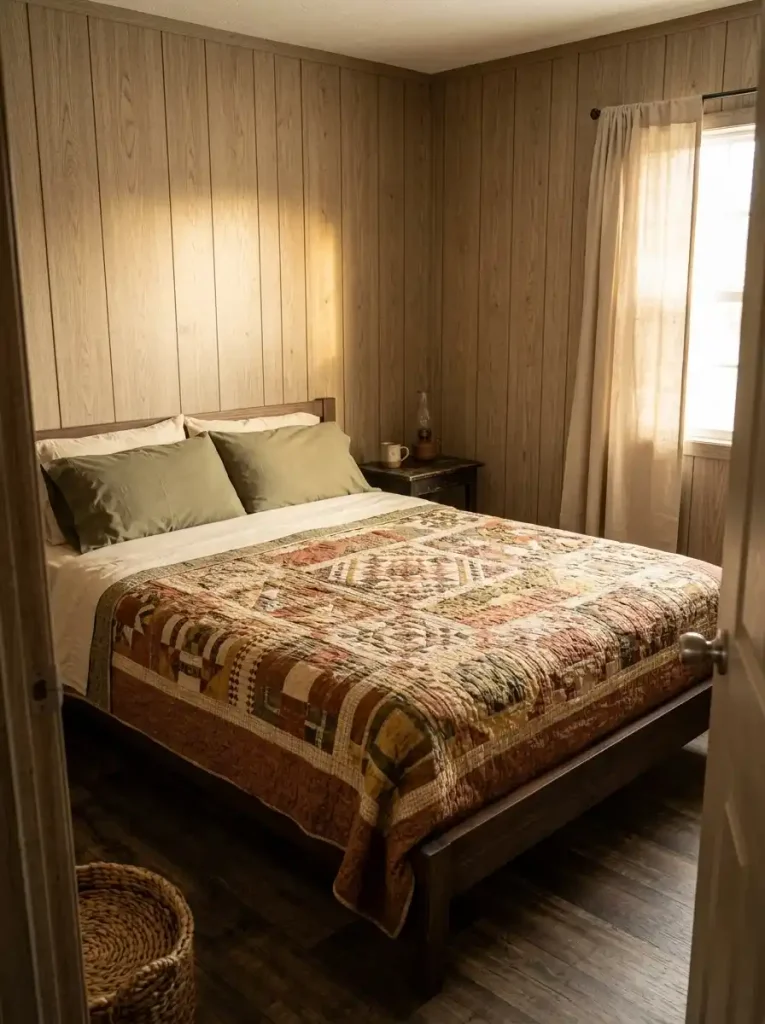 Heirloom-style patchwork quilt adding primitive fall color to a small mobile home bedroom with restrained surrounding textiles.