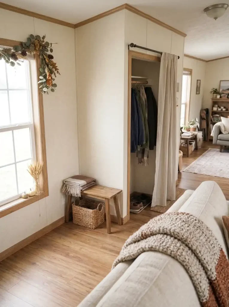 Partially open linen curtain revealing guest coats in a recessed mobile home alcove beside the living-room passage.