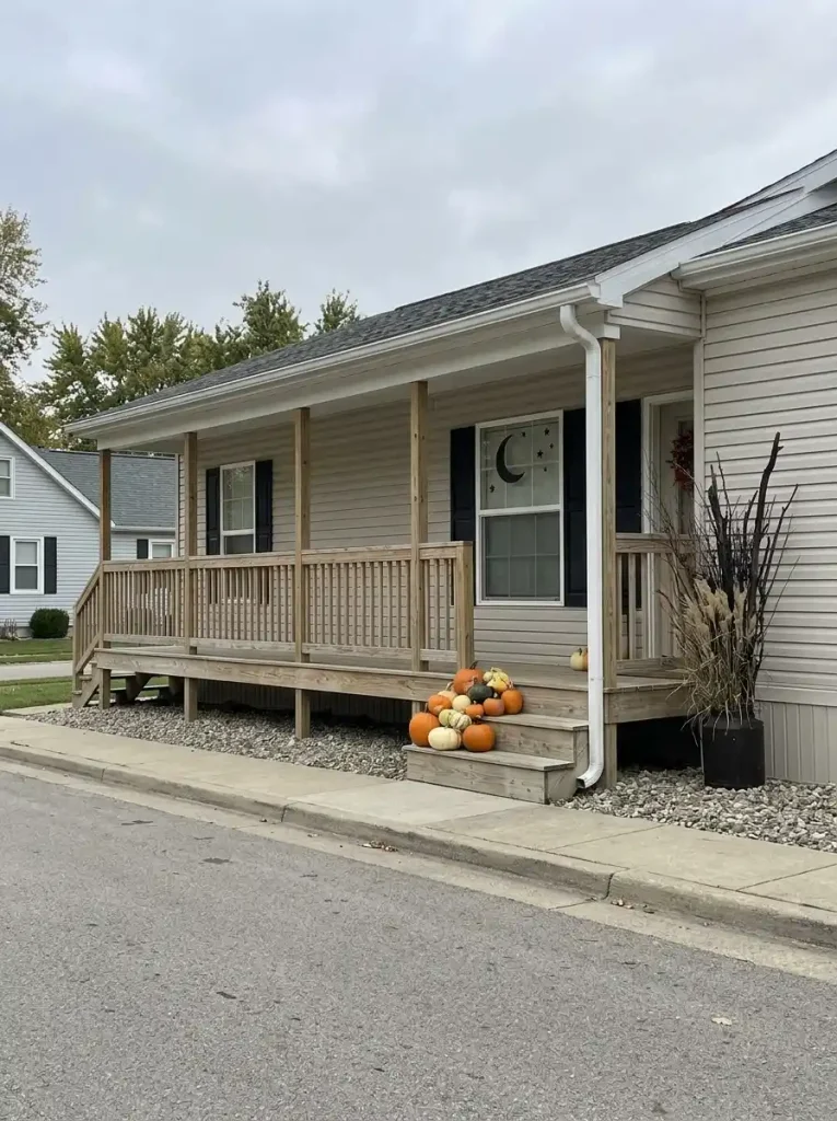 Curb-distance view of a manufactured home where a window silhouette, tall branches and one pumpkin cluster create strong Halloween impact with few pieces.
