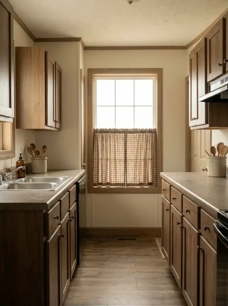 Short muted homespun café curtain warming a compact mobile home kitchen window while leaving the counter clear.