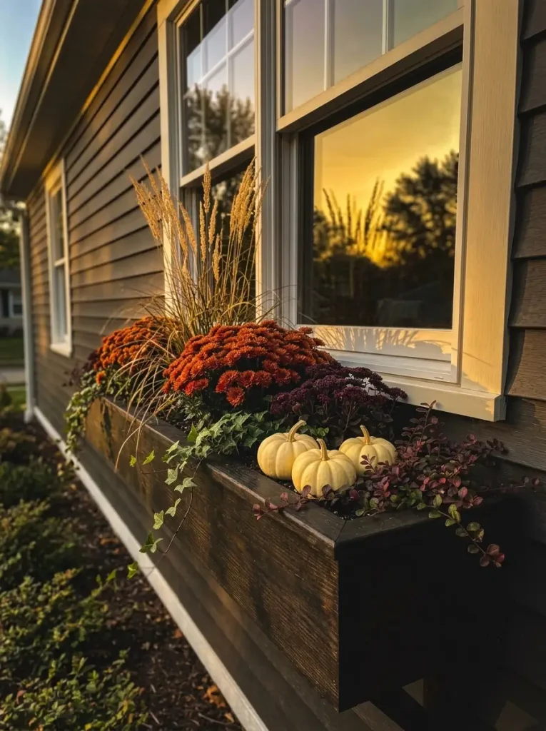 Ivory pumpkins and wheat-toned grasses brighten a fall window box against dark charcoal mobile-home siding.