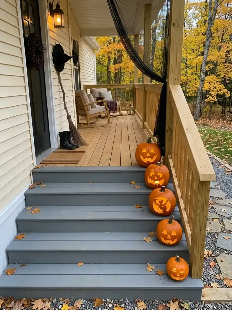 Glowing jack-o’-lanterns line one side of mobile home porch steps while the center walking route remains open.
