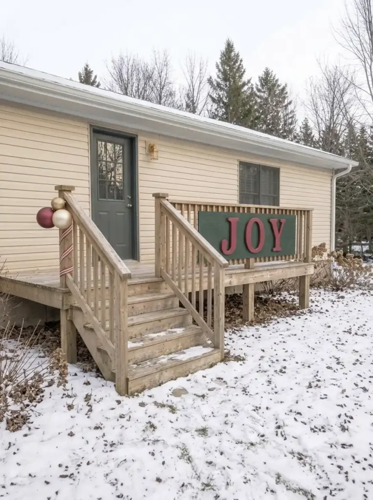 JOY Christmas sign on a green exterior decorative panel attached to a mobile-home deck.