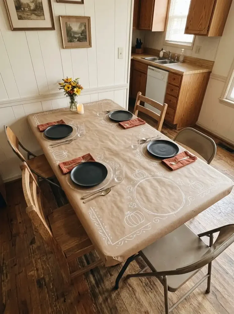 DIY kraft-paper Thanksgiving place settings with drawn placemat outlines and orange napkins on a folding guest table.