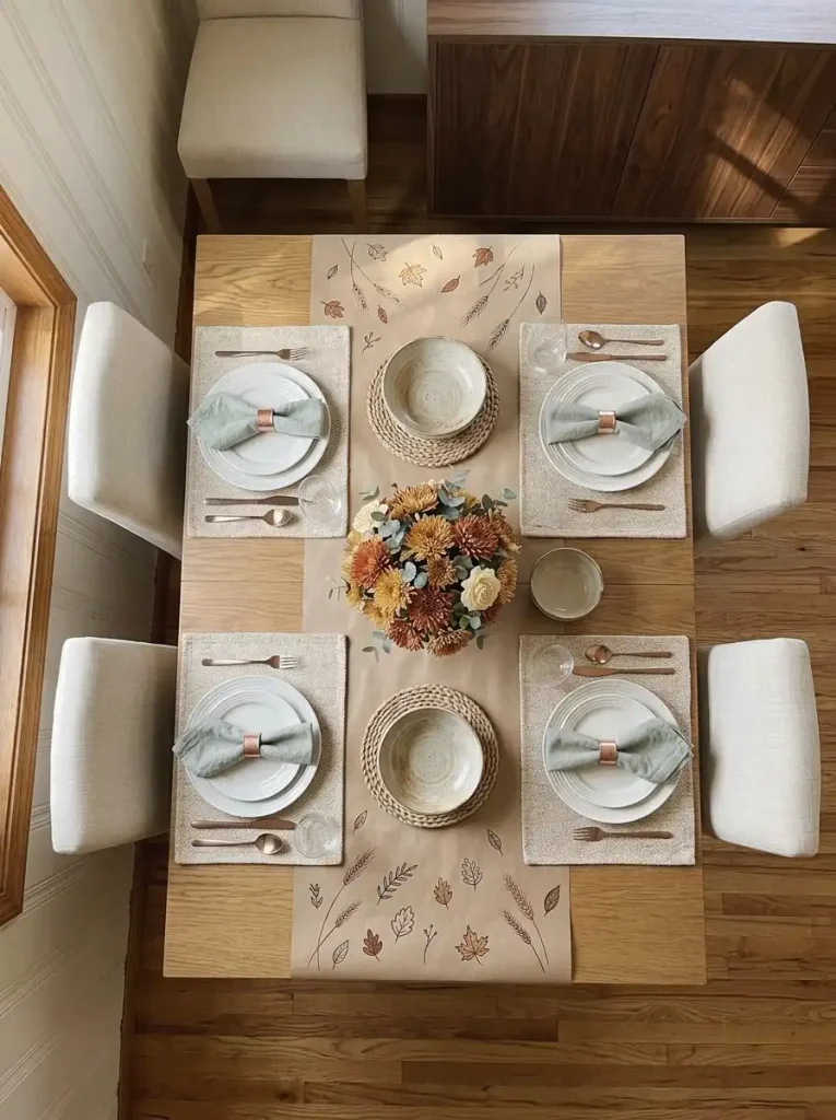 Overhead Thanksgiving table with a hand-drawn kraft paper runner and clear spaces for plates and serving bowls.