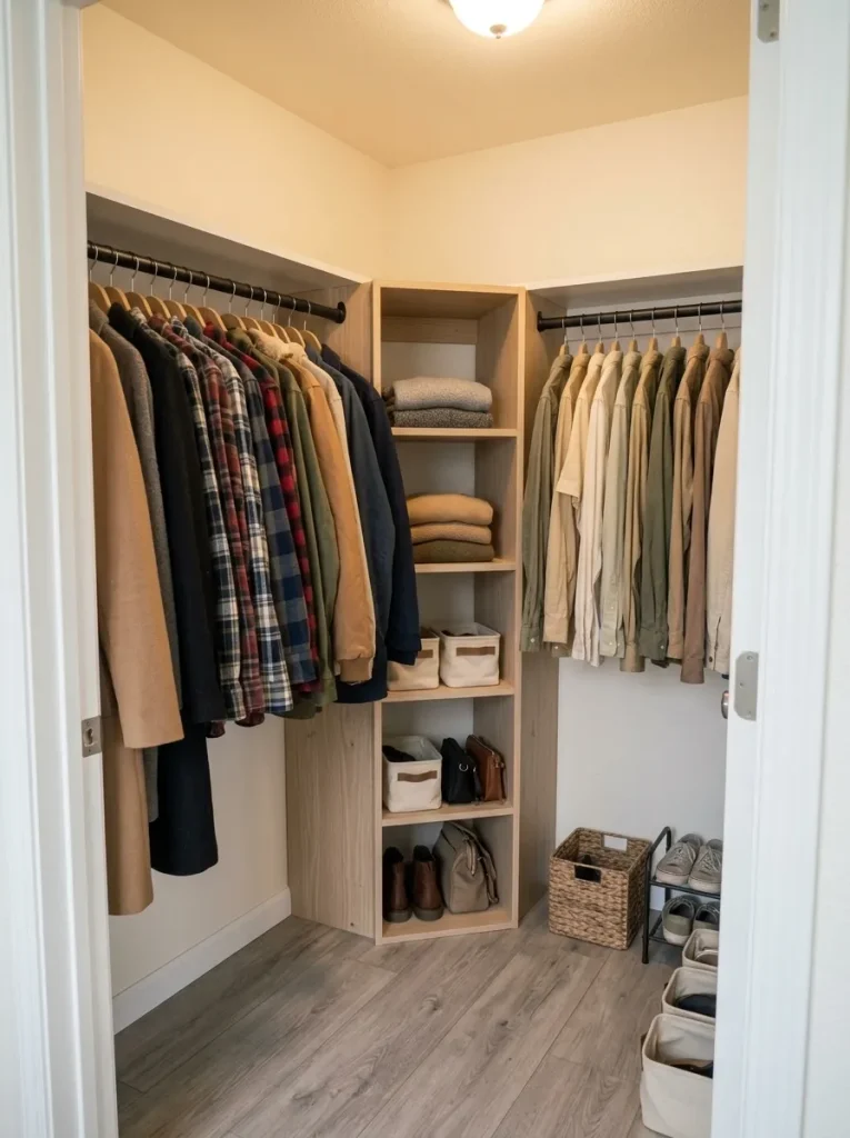 Compact L-shaped mobile home closet with corner shelves separating two hanging rods and a clear walking path.