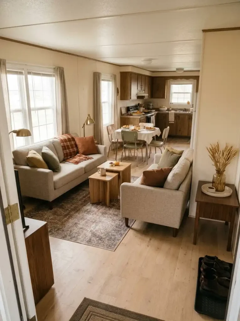 Separate sofa and loveseat forming an open L-shaped Thanksgiving seating layout with compact nesting tables in a small mobile home.