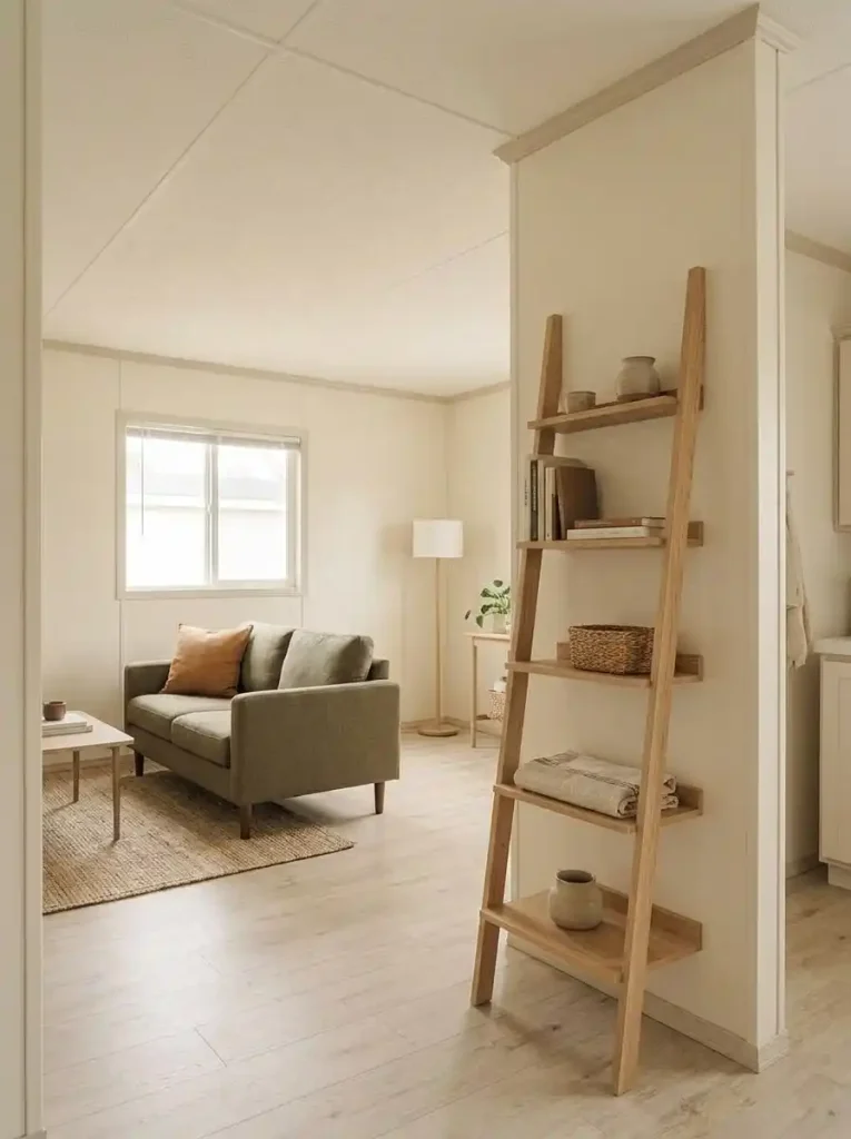 Slim ladder shelf on a short mobile home living room wall with open shelving and clear floor space beside the sofa.