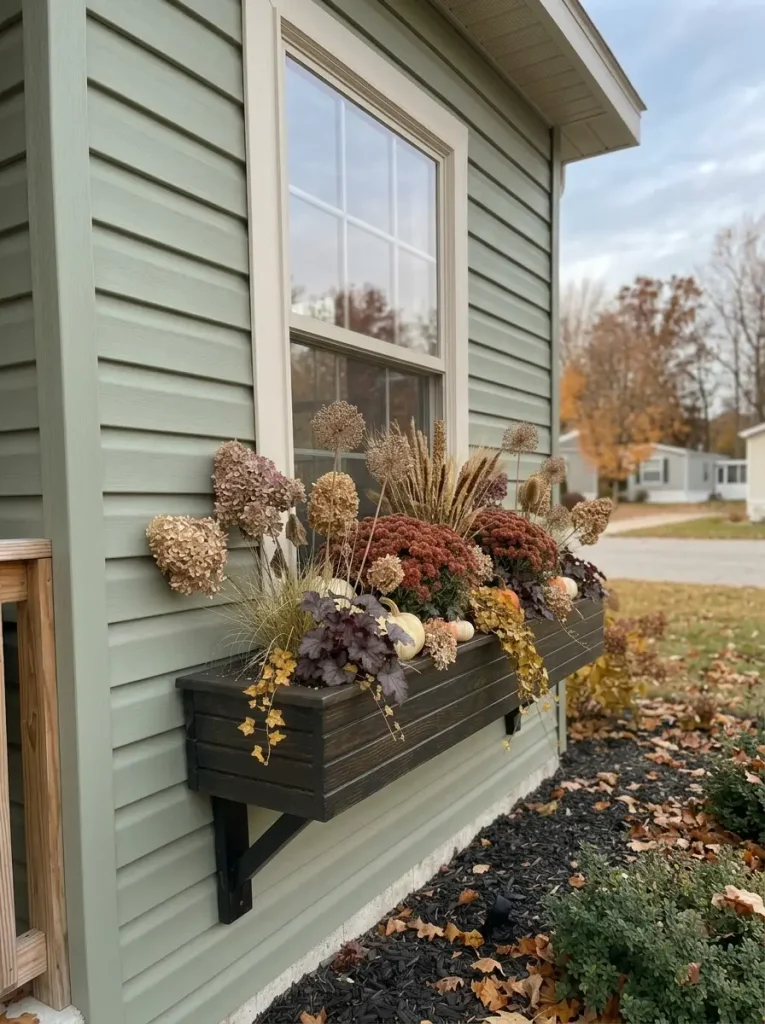 Late-fall mobile-home window box with dried hydrangeas, seed heads, grasses, foliage and remaining pumpkins after mums fade.