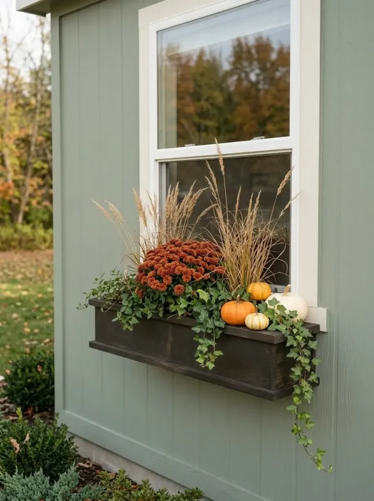Three-layer fall window box on a mobile home with tall grasses, rust mums, low pumpkins and trailing ivy.