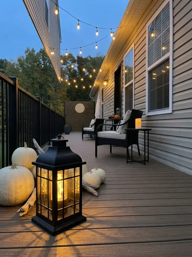 Halloween lantern lighting layered at floor, table, and roof height across a small mobile home patio.