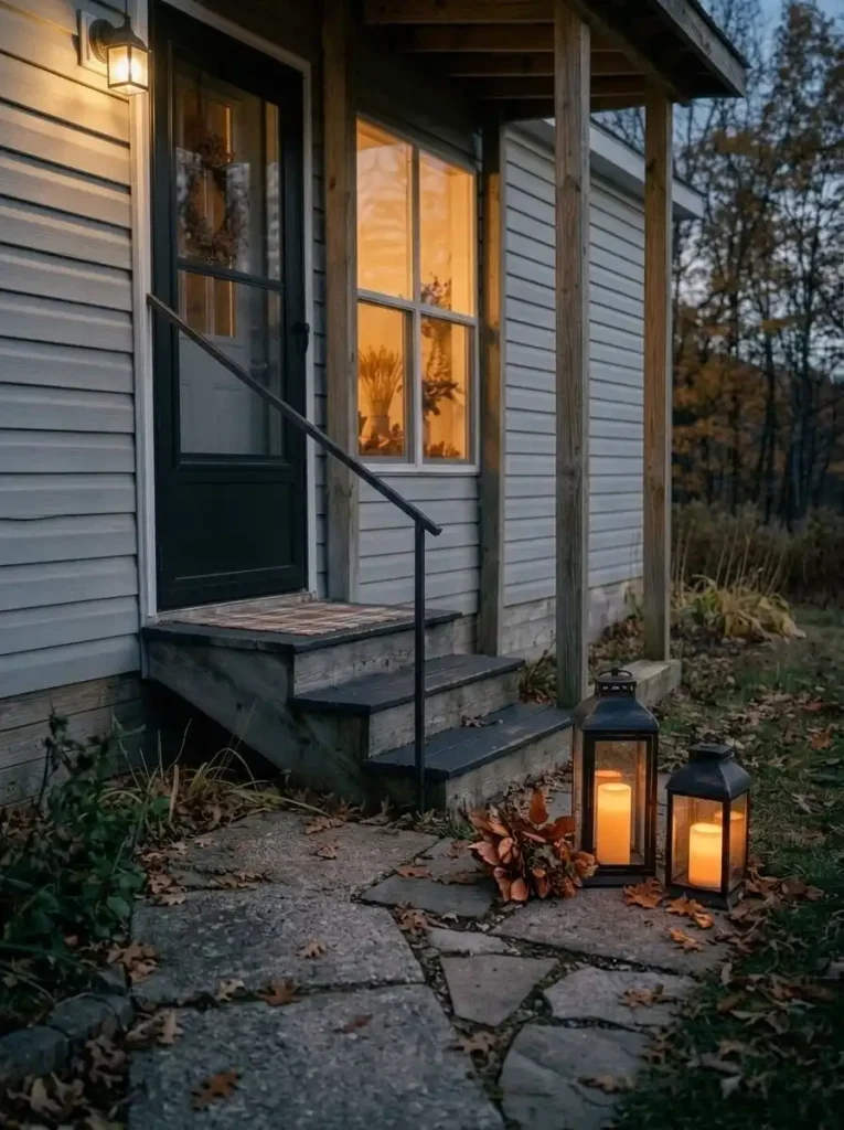 Two warm LED lanterns positioned on ground beside narrow mobile-home porch steps during a Thanksgiving evening.