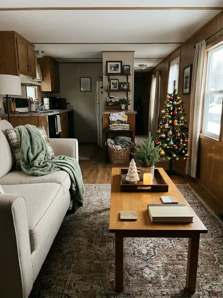 Small mobile home coffee table with a removable Christmas tray holding faux greenery, a ceramic tree and a flameless candle.