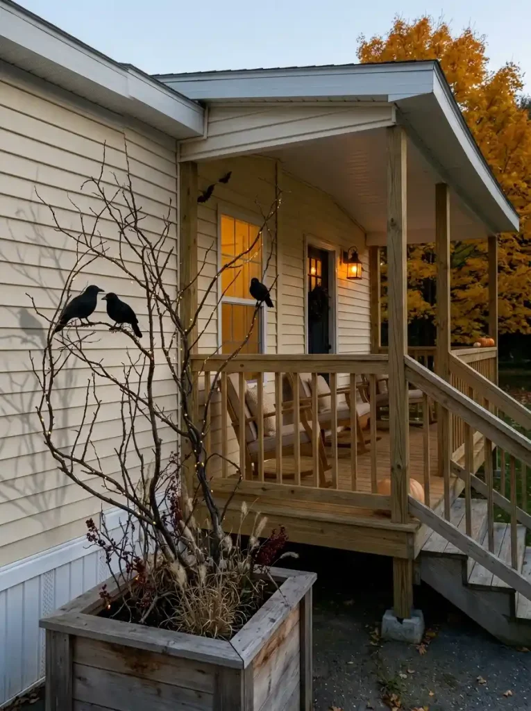 Bare branches wrapped with small warm lights cast shadows against cream mobile home siding beside the Halloween porch.