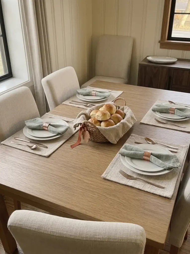 Linen-lined Thanksgiving breadbasket used as a functional centerpiece on a small four-person dining table.