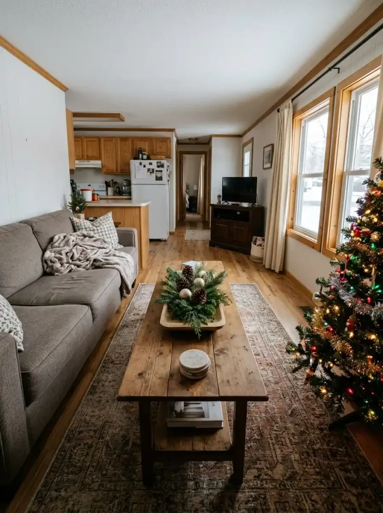 Narrow rectangular coffee table styled with low evergreen branches and pinecones in a small manufactured home living room.