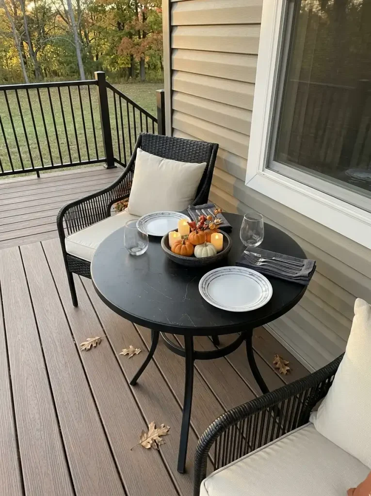 Low Halloween centerpiece leaves usable space around a compact patio table for plates and drinks.